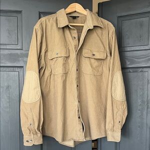 Men’s Eddie Bauer Tan Corduroy Button-Up Shirt with Elbow Patches, size XL